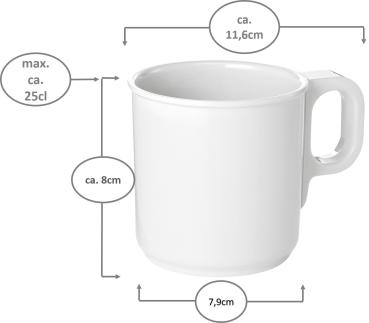 Preview: Melamin weiß Kaffeebecher 25cl stapelbar - 6 Stück